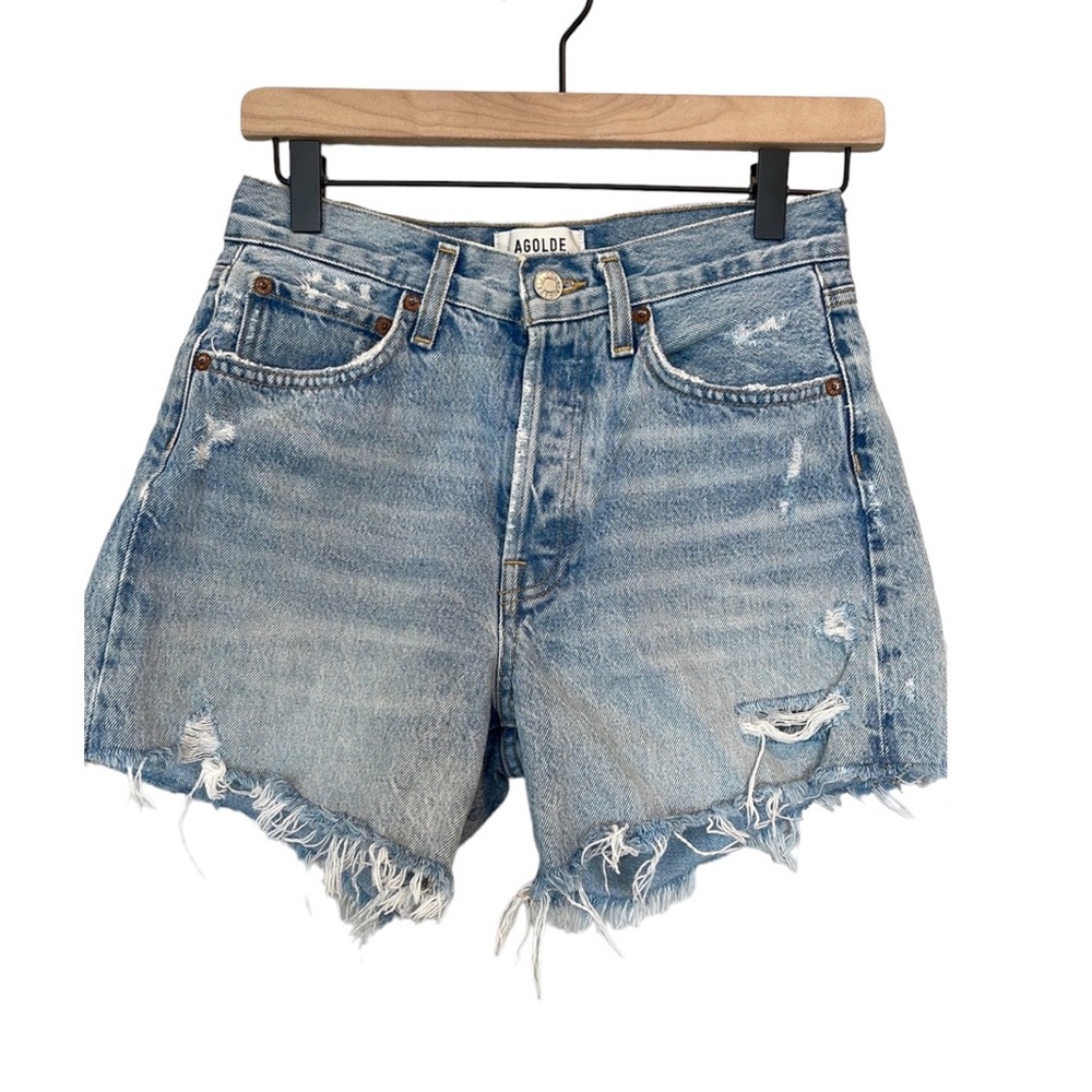 Agolde Parker Long Distressed Denim Shorts in Color Swapmeet, size 24